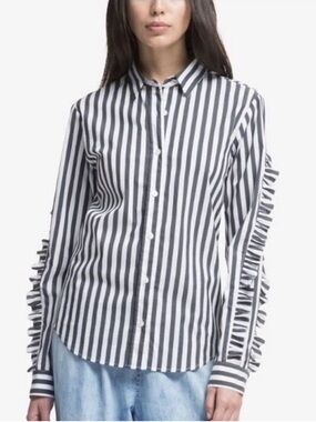 NWT Dkny Blue and White Vertical Stripe Ruffle-Trim Button-Down Shirt